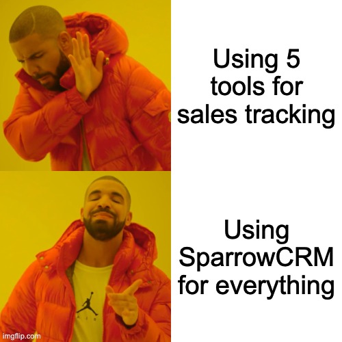 Using 5 tools for sales tracking" (no) / "Using SparrowCRM for everything" (yes)